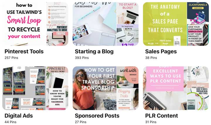 screenshot of Pinterest board ideas for bloggers.