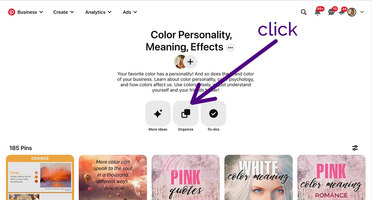 arrow points to organize button on pinterest board.