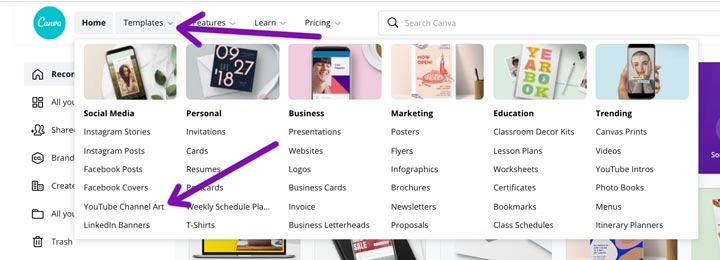 how to find YouTube Channel Art templates in Canva by menu.