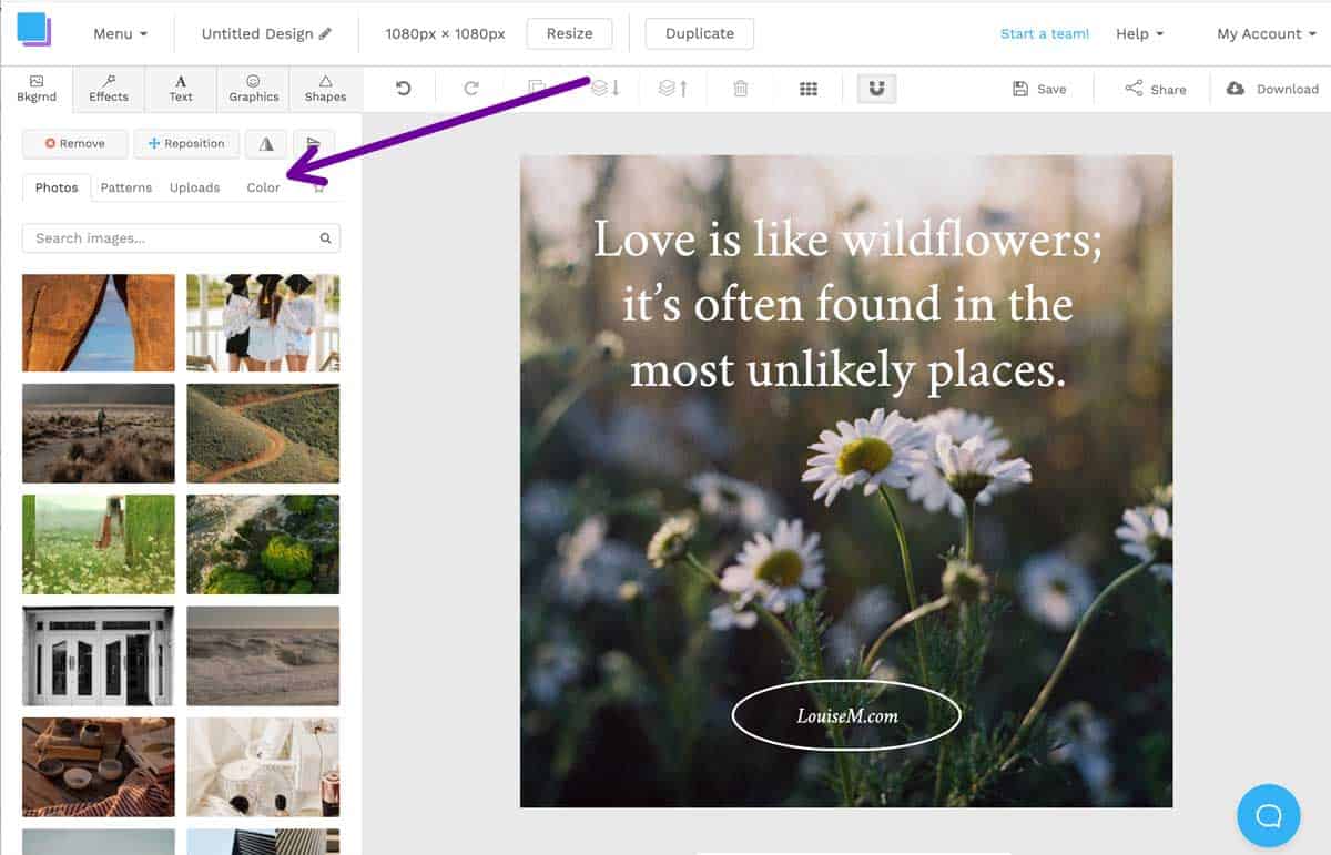 snappa work area shows where to search photos, patterns, colors, or upload your own.