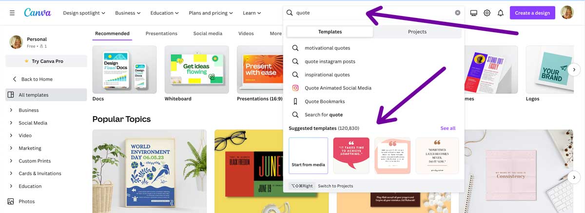 canva home page search bar and template options.