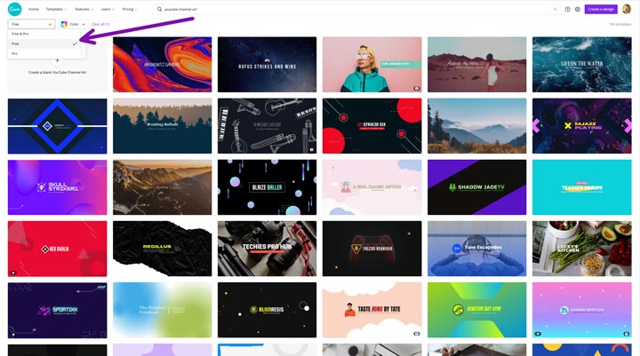 show only free templates to create a free YouTube banner in canva.