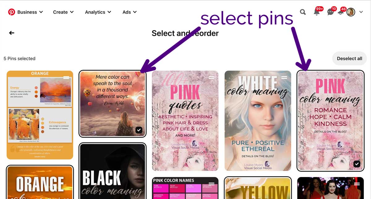 Pinterest board showing outlined pins selected for deletion.