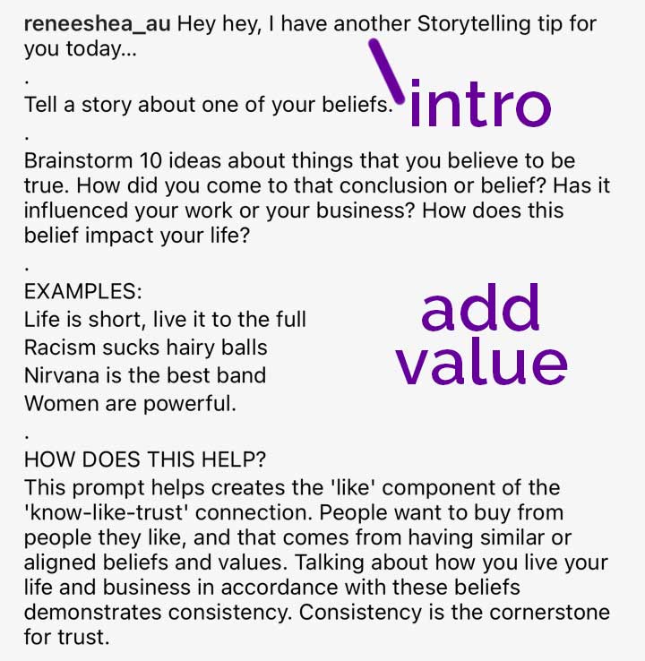 screenshot of instagram caption that adds value.
