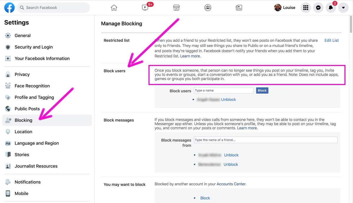 where to block and unblock facebook users.