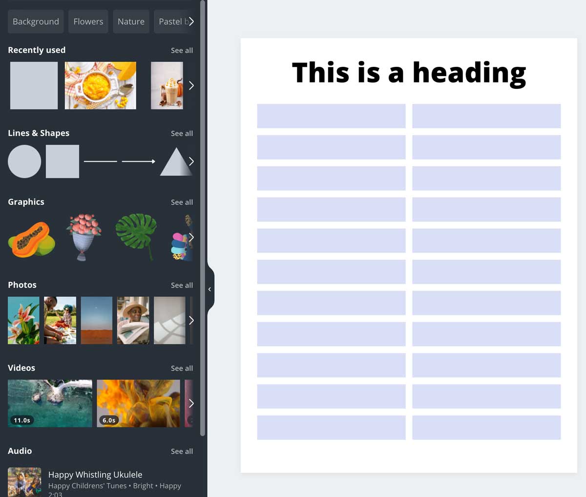 screenshot shows completed table cells in canva.