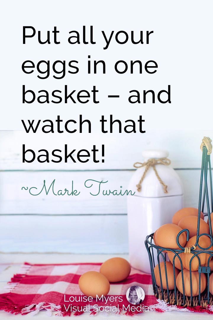 basket of eggs on checked napkin has humorous Mark Twain saying, put your eggs in one basket and watch that basket.