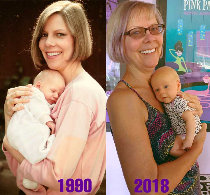 before and after pictures of me with baby daughter vs baby granddaughter.