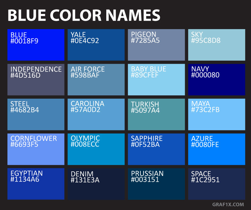 20 shades of blue with names, hex codes and rgb values listed.