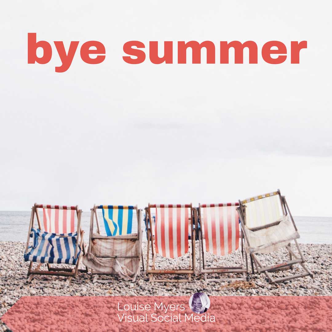 abandoned beach chairs on beach with gray sky says bye summer.