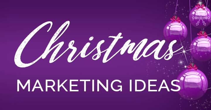 Christmas marketing ideas text on purple ornaments.