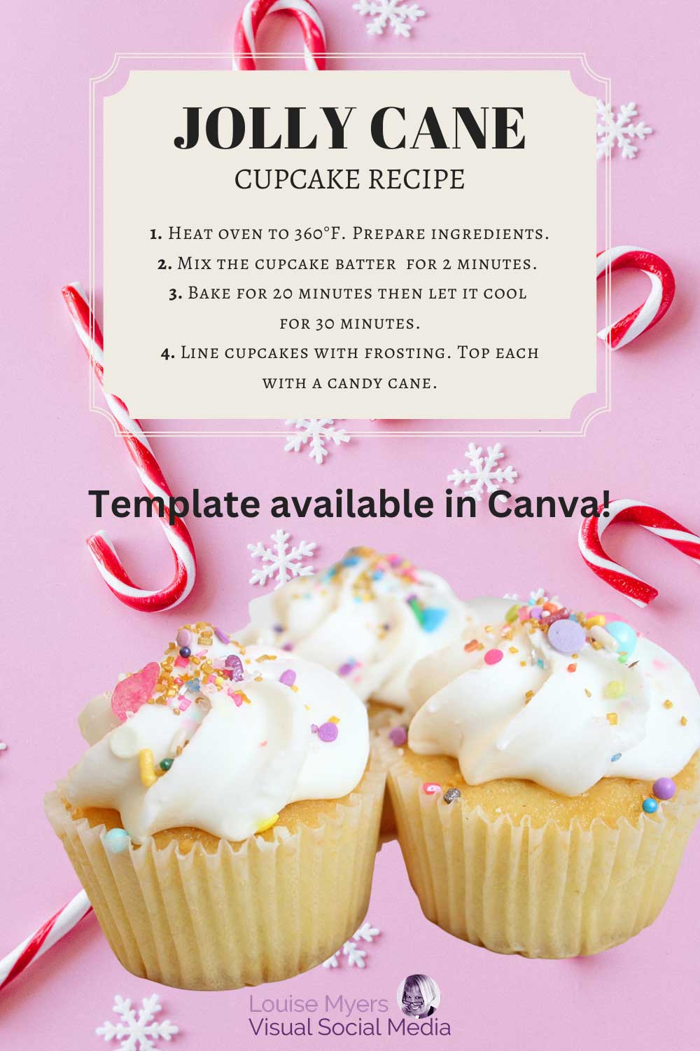 cupcakes on candy cane background with recipe overlay.