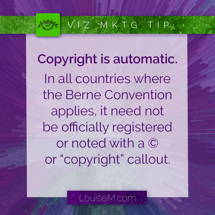 Virtually everything you find online is copyrighted by the owner or author whether it has a notice or not. Don't swipe it for your social media posts! Read more about what you can and CAN'T use legally on the blog.