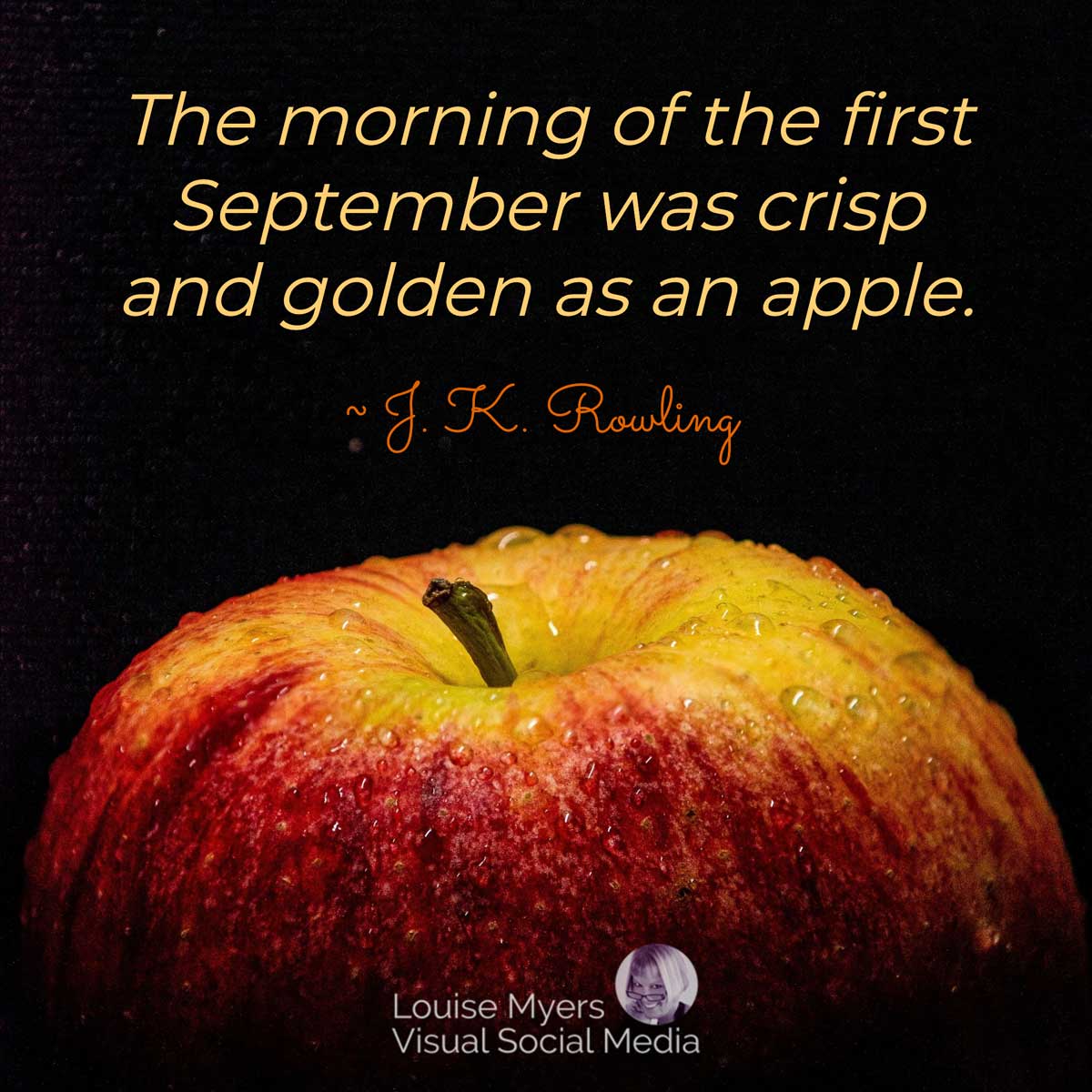 closeup of wet apple has quote, The morning of the first September was crisp and golden as an apple.