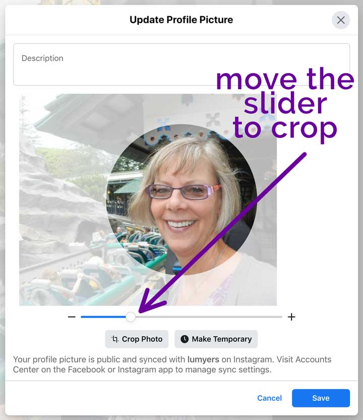 screenshot showing how to crop facebook profile picture.