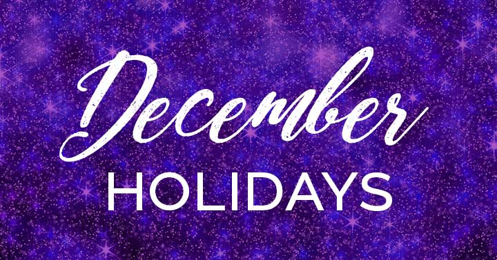 december holidays text on purple sparkly banner.