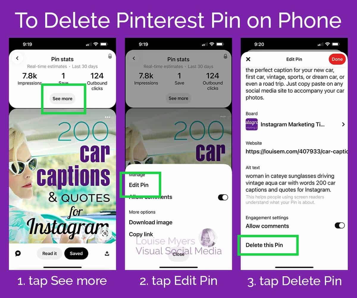 infographic shows 3 steps to delete a pinterest pin on your phone.