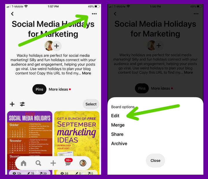 edit a pinterest board on mobile screenshots