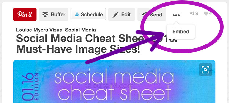 To embed a Pinterest pin, click the 3 dots at upper right, then click Embed.