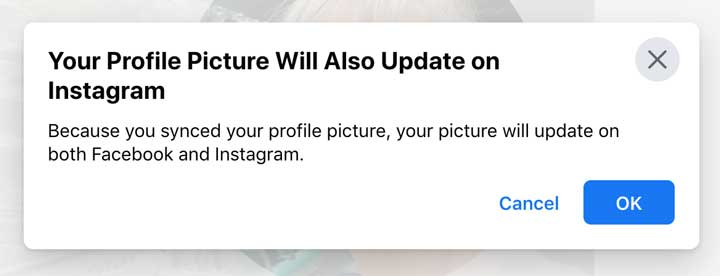 screenshot of notice Facebook profile picture synced with Instagram.