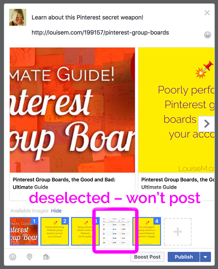 Deselect any images you don't want to show in your Facebook post. You can delete all but one if you like – up to you.