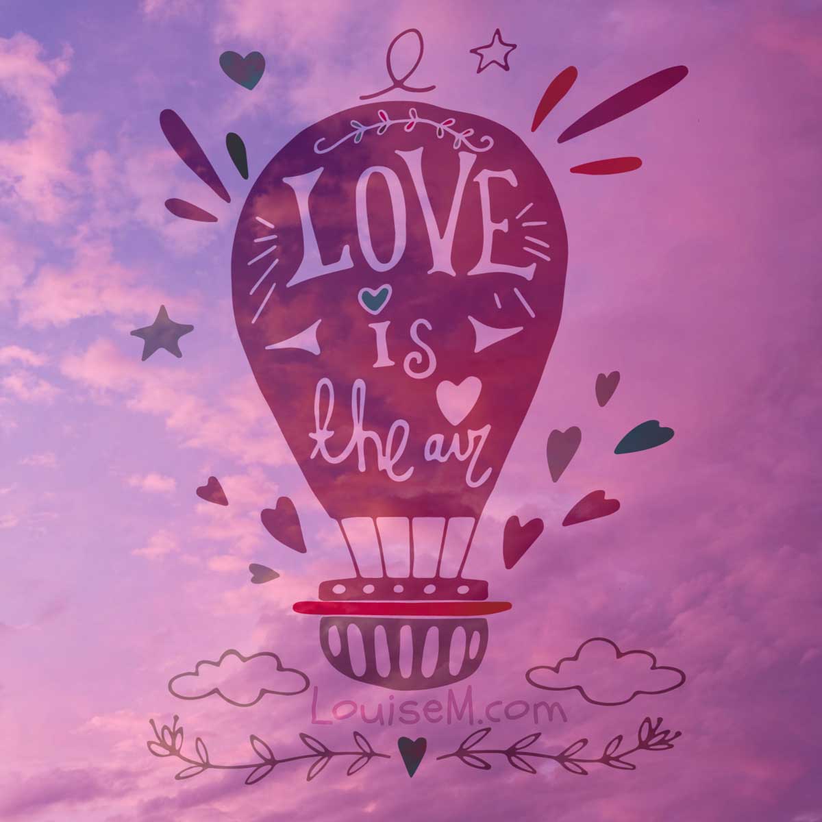 valentines day graphic with hot air balloon art says love is in the air.