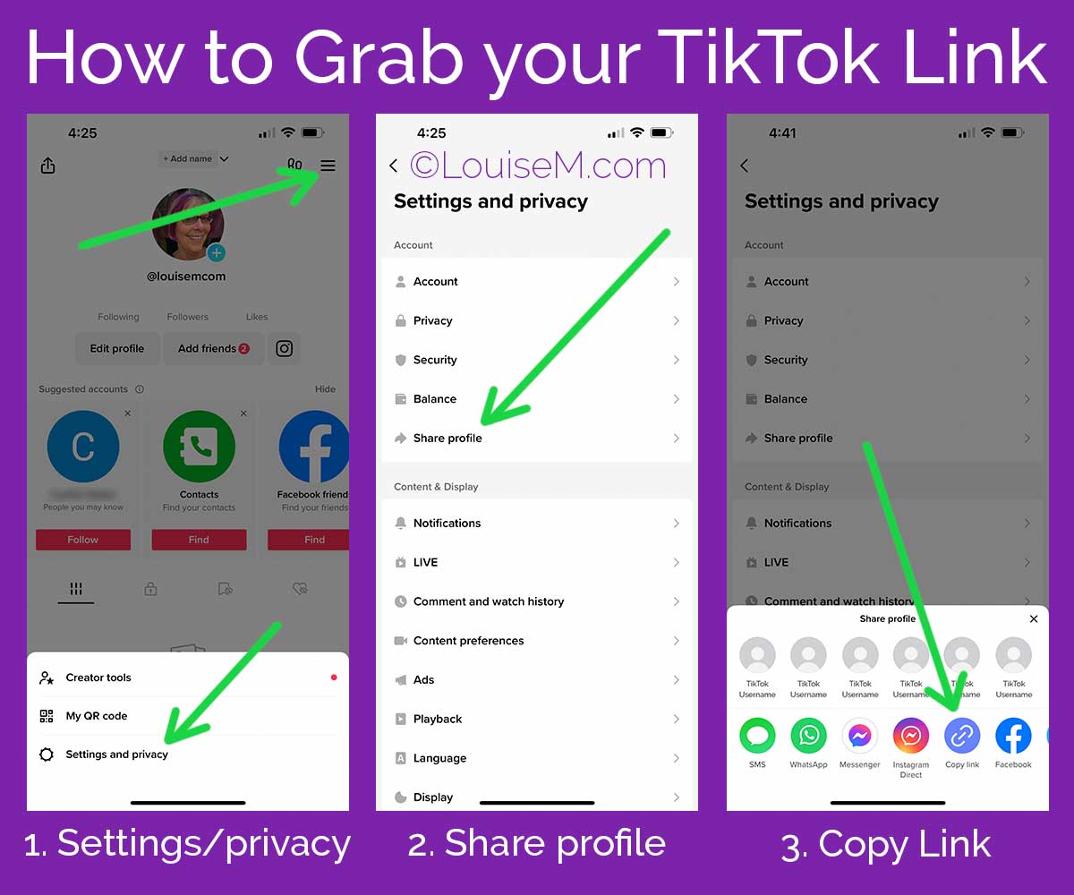 3 screenshots show how to copy your TikTok link.