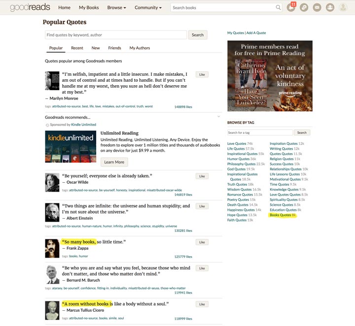 GoodReads for member-ranked quotes screenshot