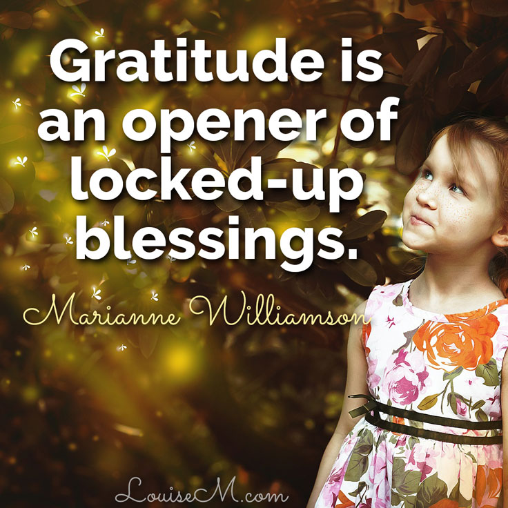 cute girl looking up at quote, gratitude is an opener of locked-up blessings.