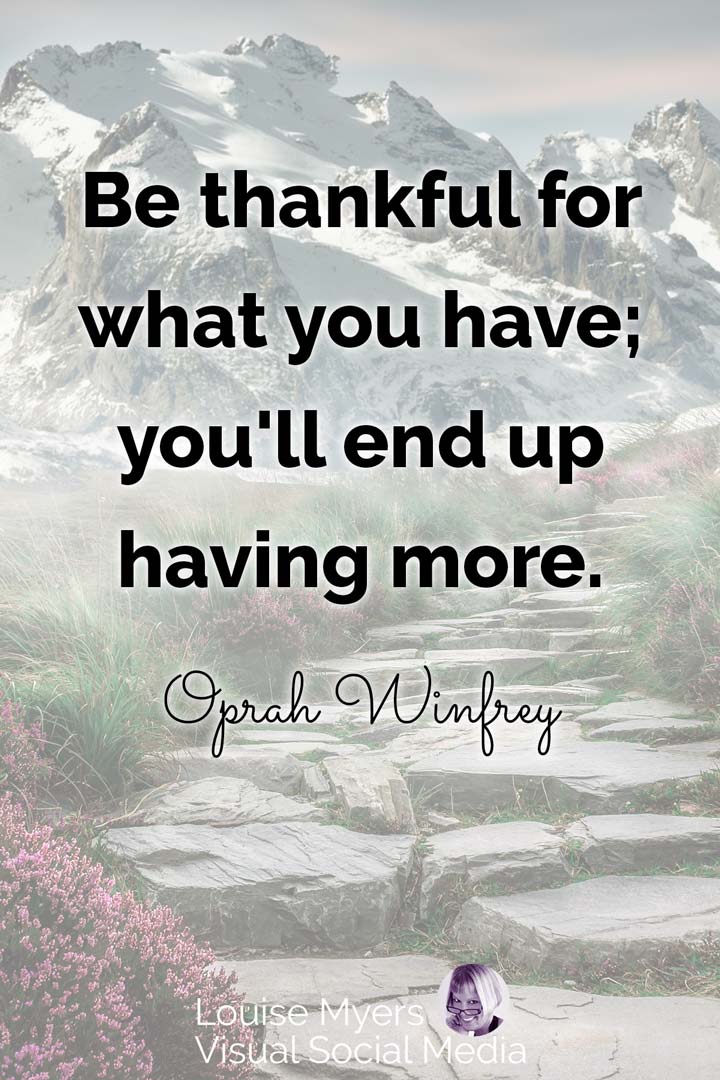 oprah gratitude quote over mountain path.