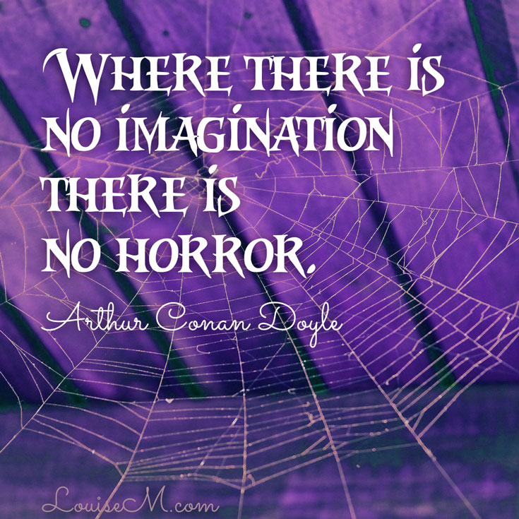 purple graphic with cobweb and creepy Halloween quote.