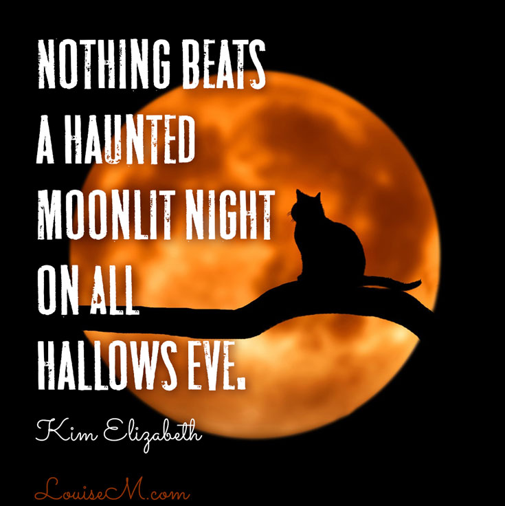 black cat silhouette on harvest moon has spooky Halloween quote.