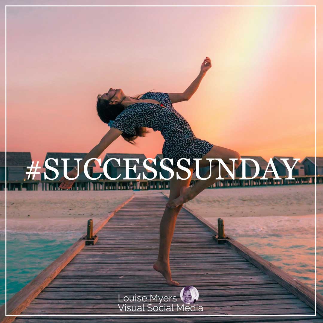 woman doing happy dance on pier with pink sky says hashtag success sunday.