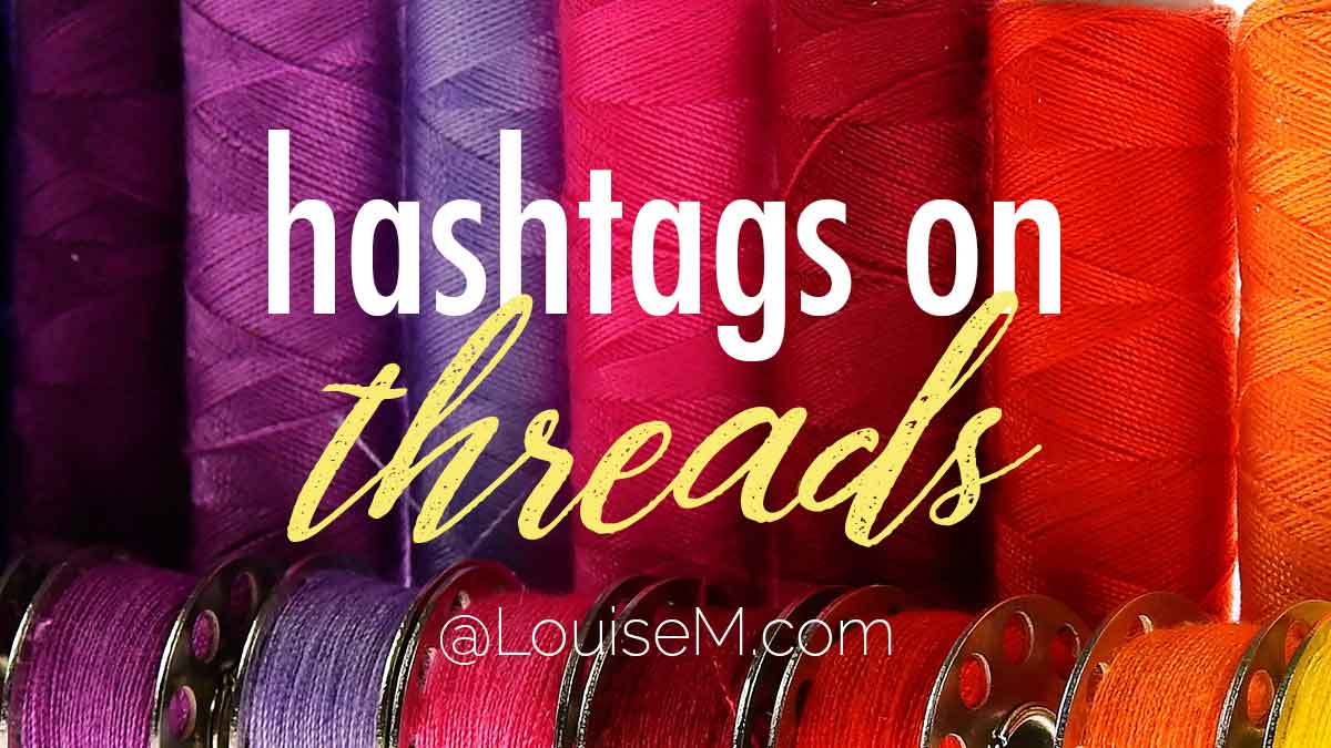 purple, pink and orange thread spools has text, hashtags on Threads.