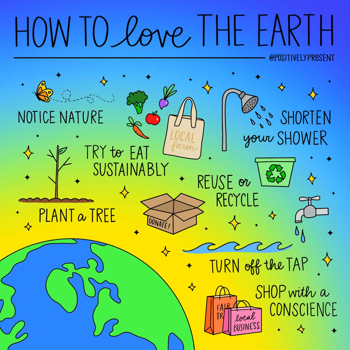 illustration of the earth and tips to love it, like plant a tree.