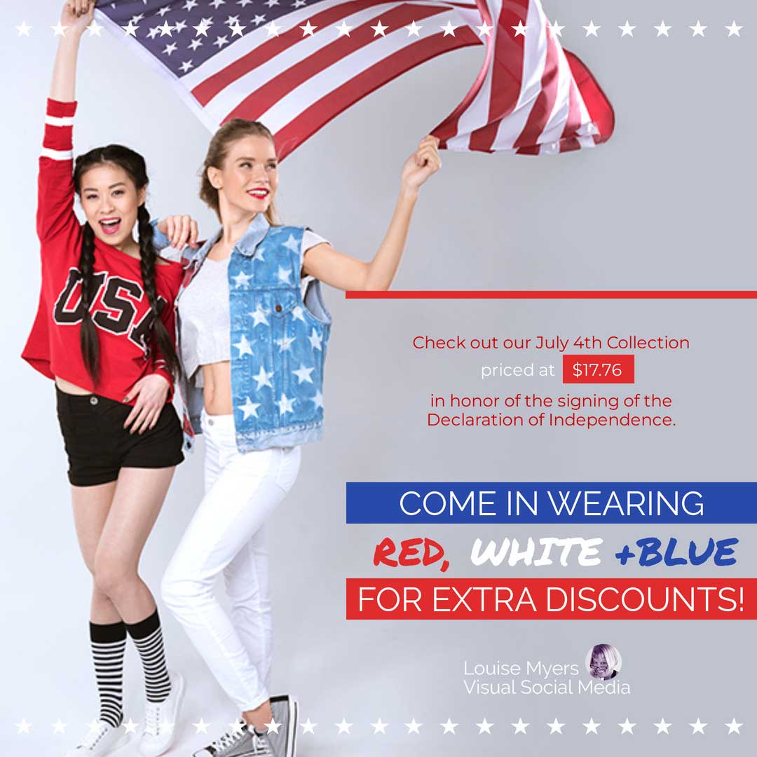 two women in patriotic clothing waving american flag with text about a red white and blue sale.