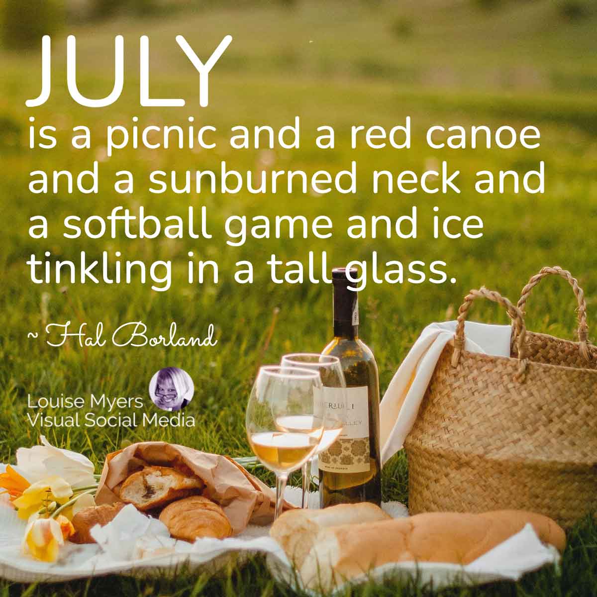 picnic spread on grass with quote, July is a picnic and a red canoe and a sunburned neck and a softball game and ice tinkling in a tall glass.