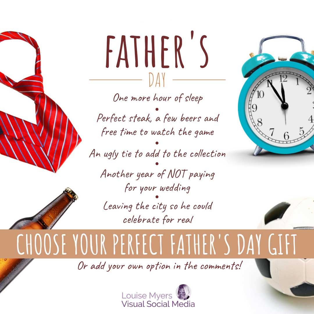 photo of tie, alarm clock, beer bottle and soccer ball has Father's Day gifts poll.