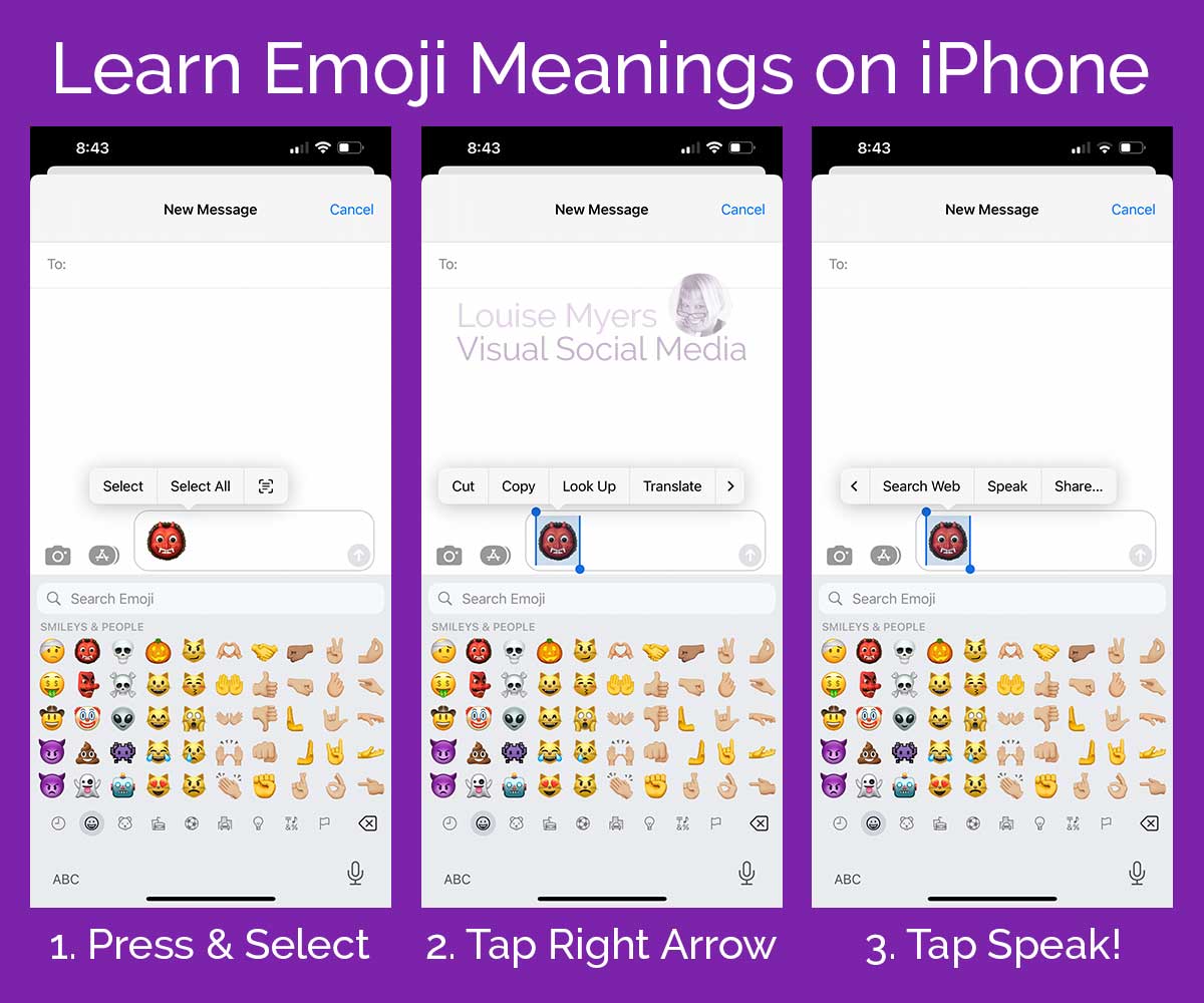 infographic shows how to hear emoji meanings in iphone messages.