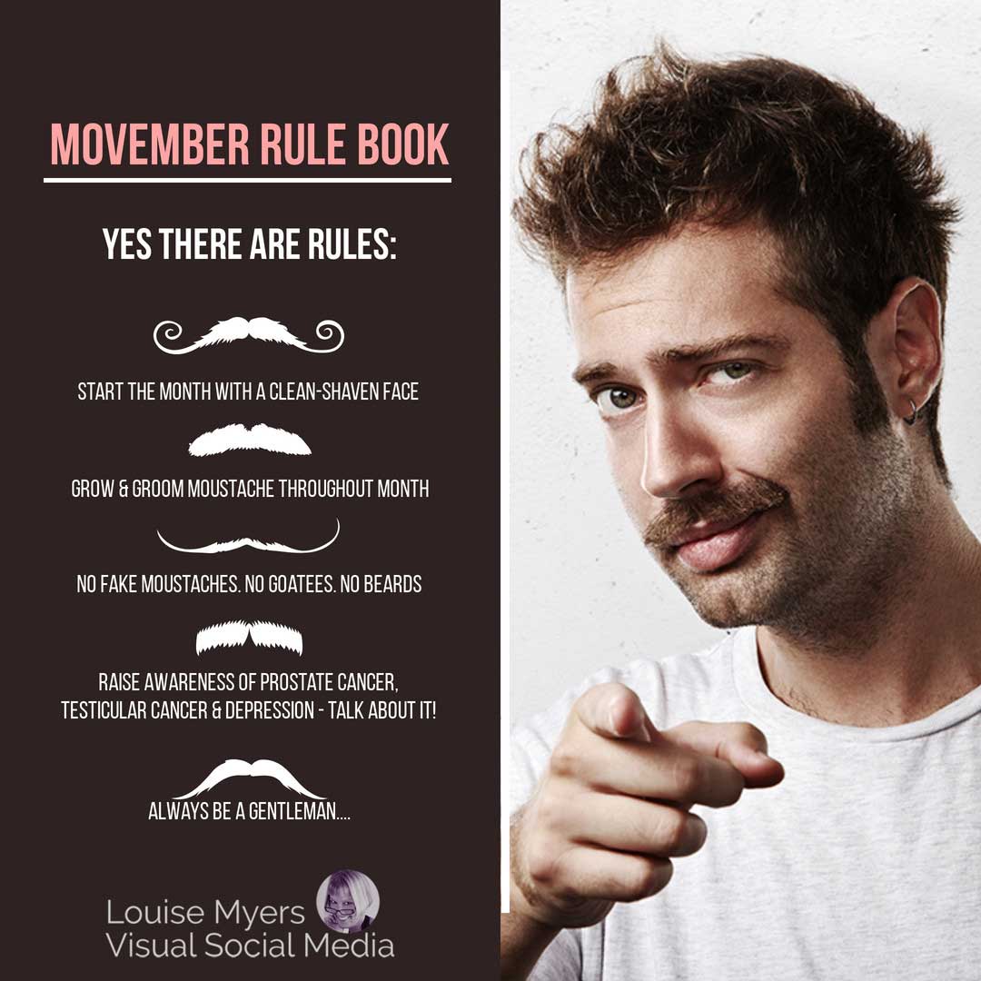 graphic lists movember rules and photo of man with mustache pointing at you.