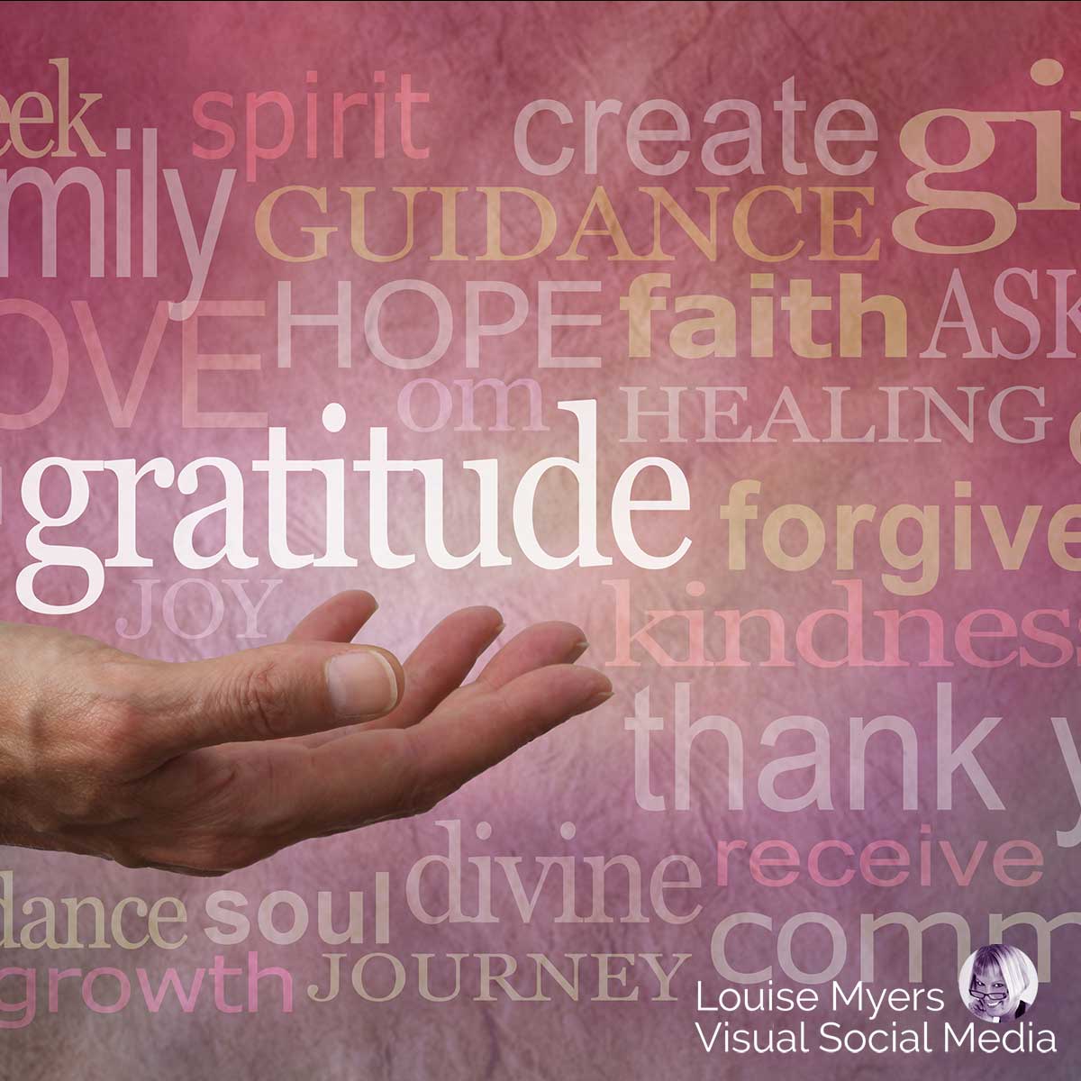 hand offering gratitude within word collage of hope, faith, thanks.