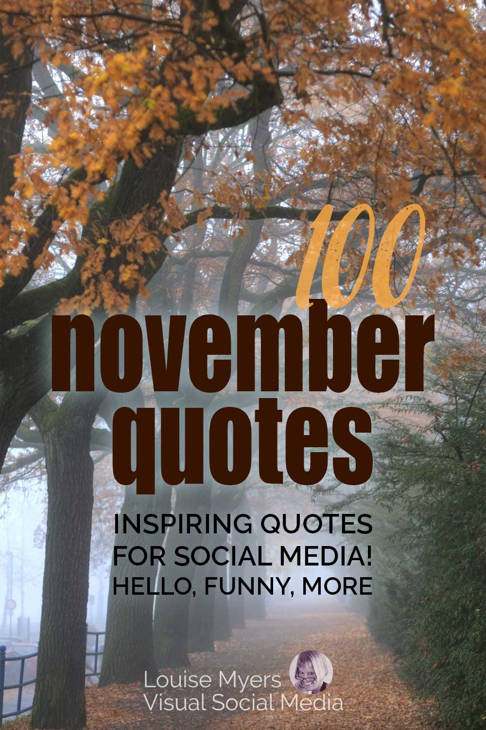 misty path lined with golden leafed trees says 100 november quotes to inspire on social media.