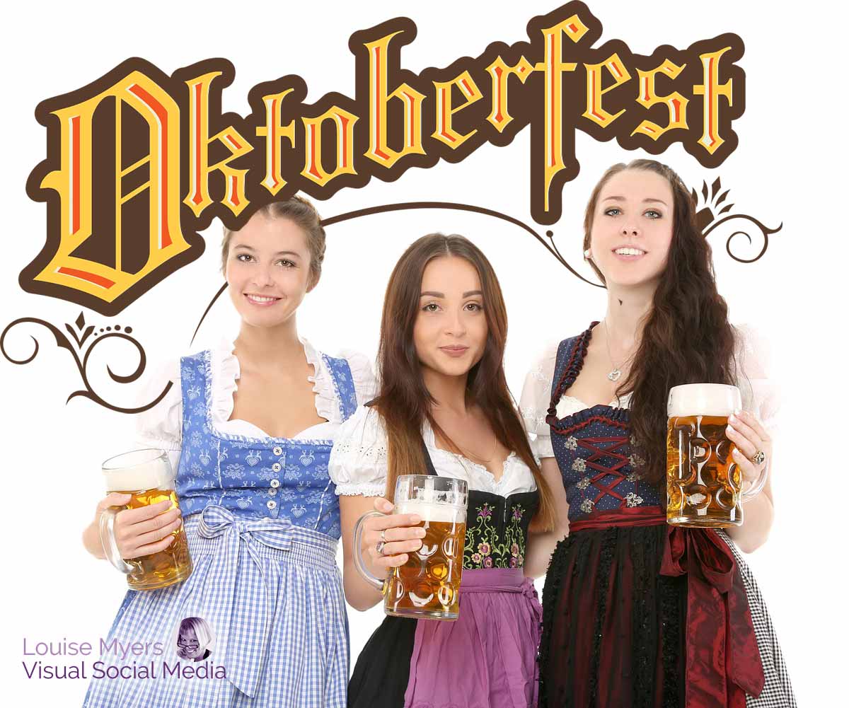 3 german young women serving beer under gothic oktoberfest banner.