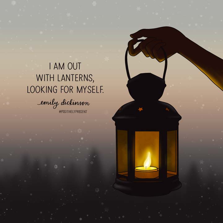 drawing of lantern in snowstorm with dickinson quote. 