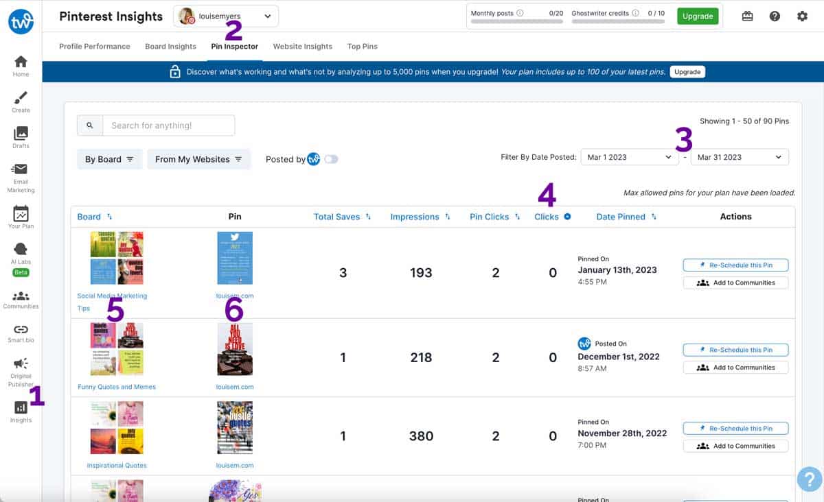 tailwind pin insights help you sort poorly performing pins to delete.