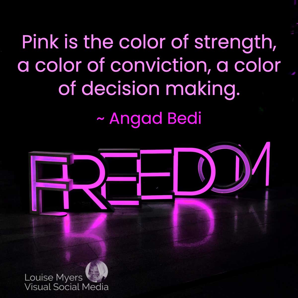 black and pink graphic has quote, Pink is the color of strength, a color of conviction, a color of decision making.