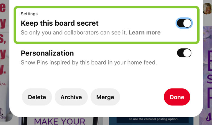 how to make Pinterest boards private screenshot