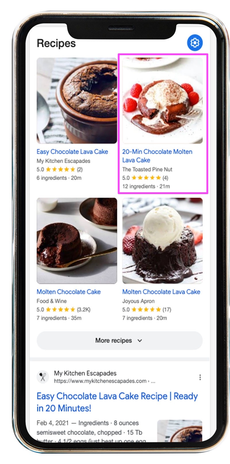 Screenshot of a recipe rich result for the The Toasted Pine Nut food blog in the featured recipe results on mobile.