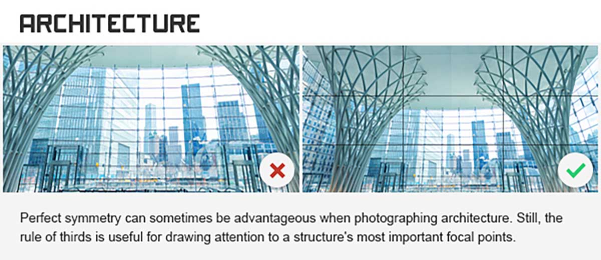 before and after photos show the rule of thirds in architecture photography.