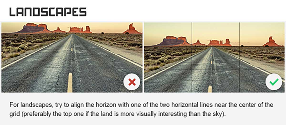 before and after photos show the rule of thirds examples in landscapes.